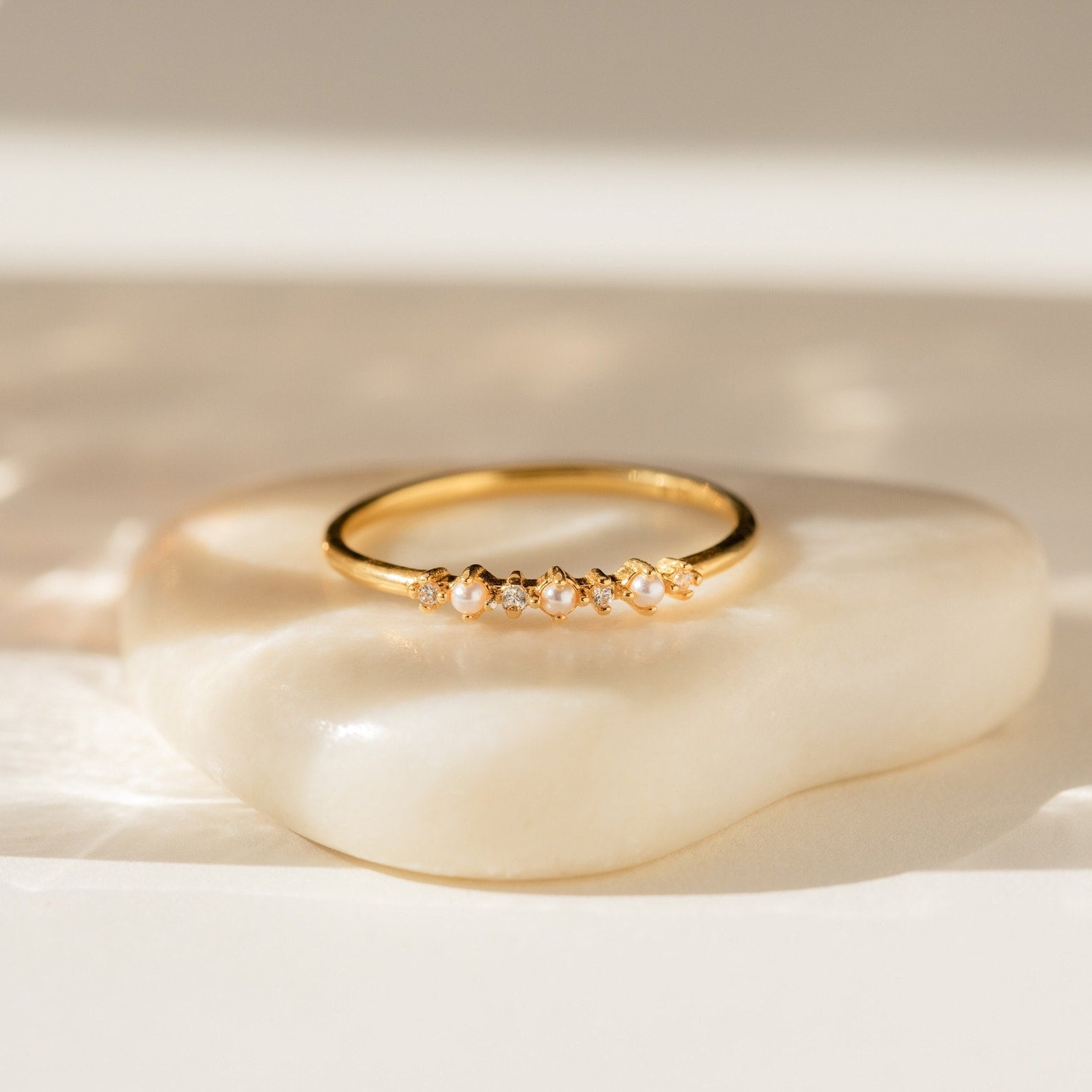 Vintage Glamour: Gold Pearl Diamond Stacking Ring